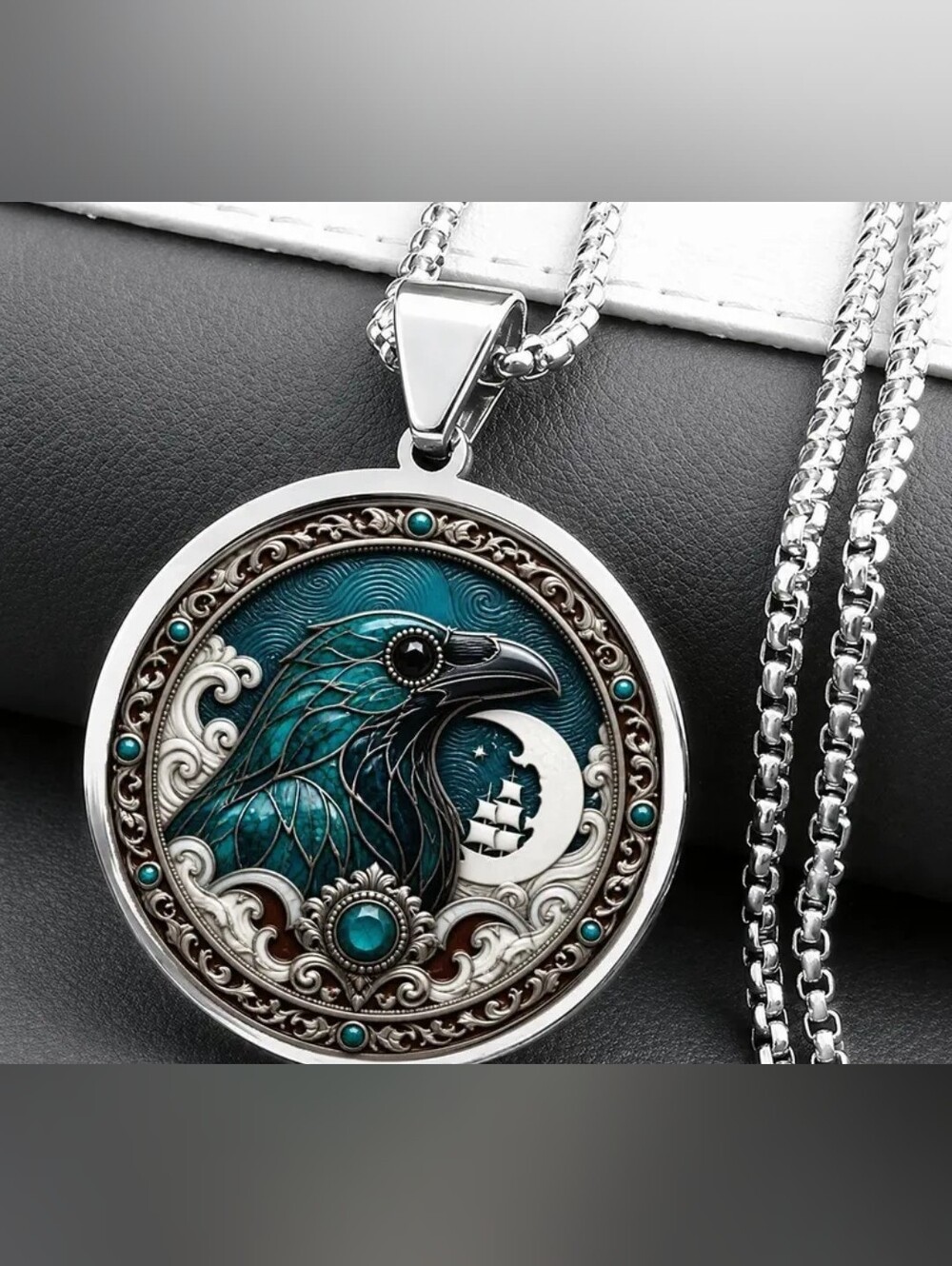 Teal Raven Ship Round Pendant Necklace